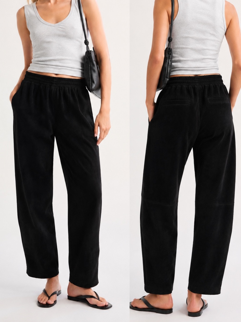 Vintage Black Suede Leather Barrel Pants Elastic Waist Small Petite 90s Slouchy